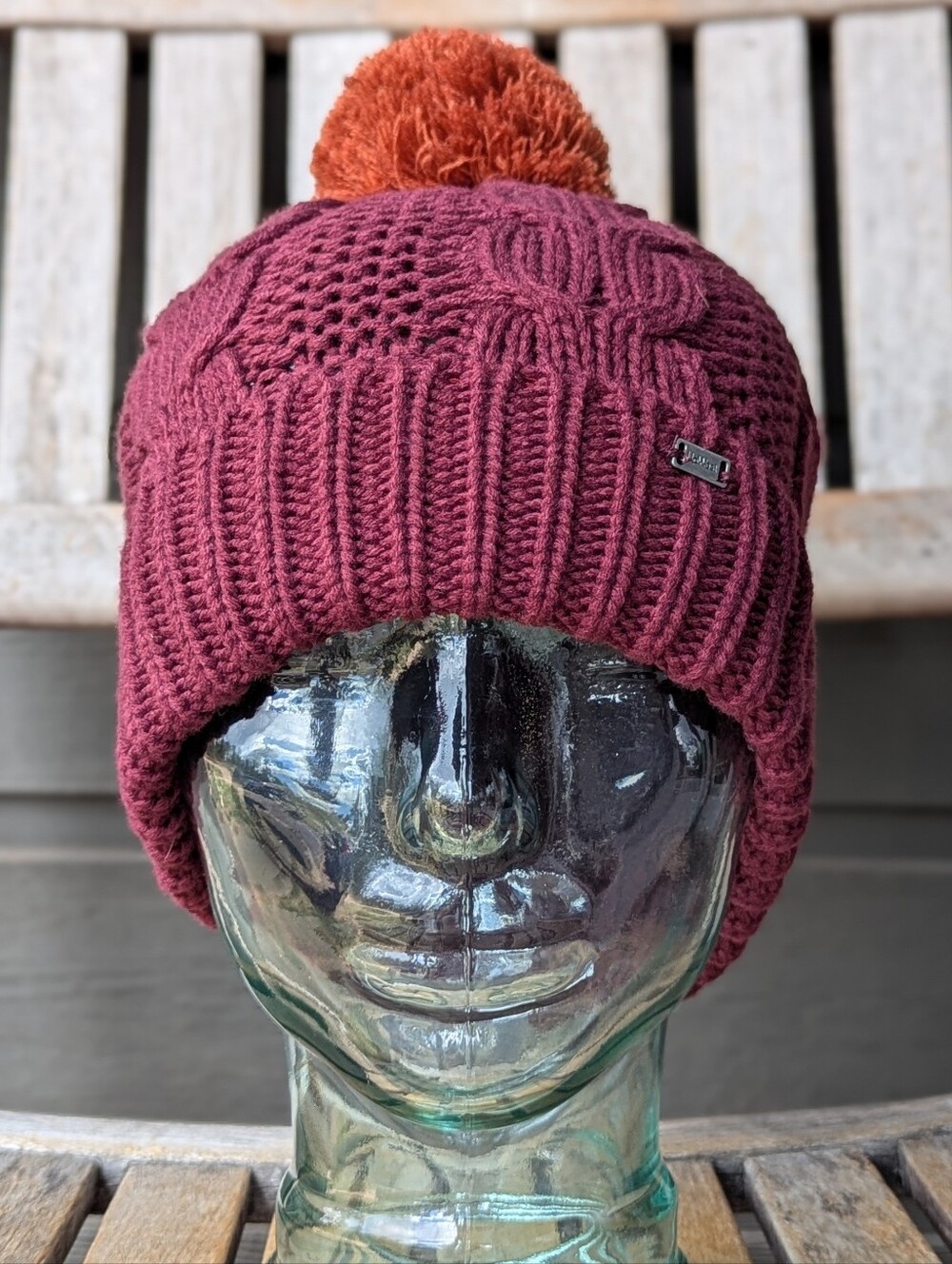 NWOT UpWest Cable Knit Burgundy Red Beanie with Burnt Orange Pom One Size